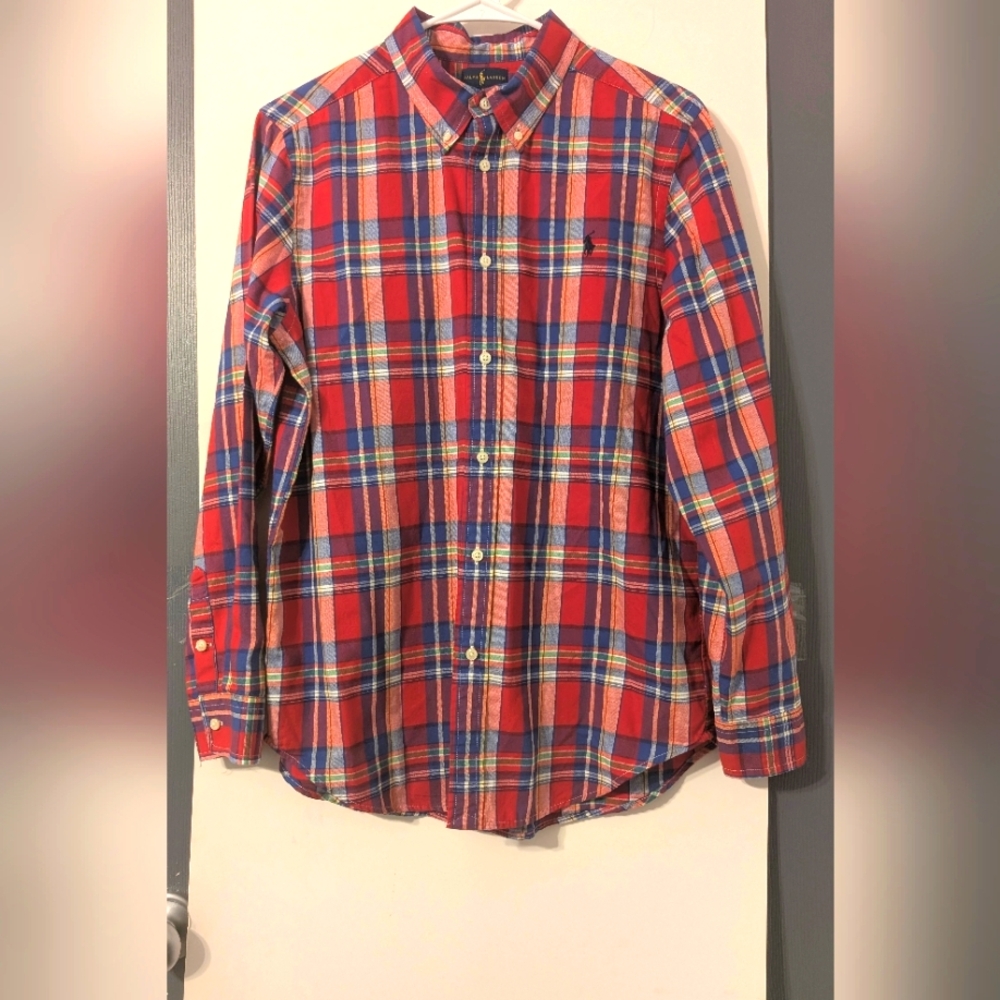 Ralph Lauren Pony Boy's Button Up Plaid‎ Long Sleeve Dress Shirt M 18-20 Preppy